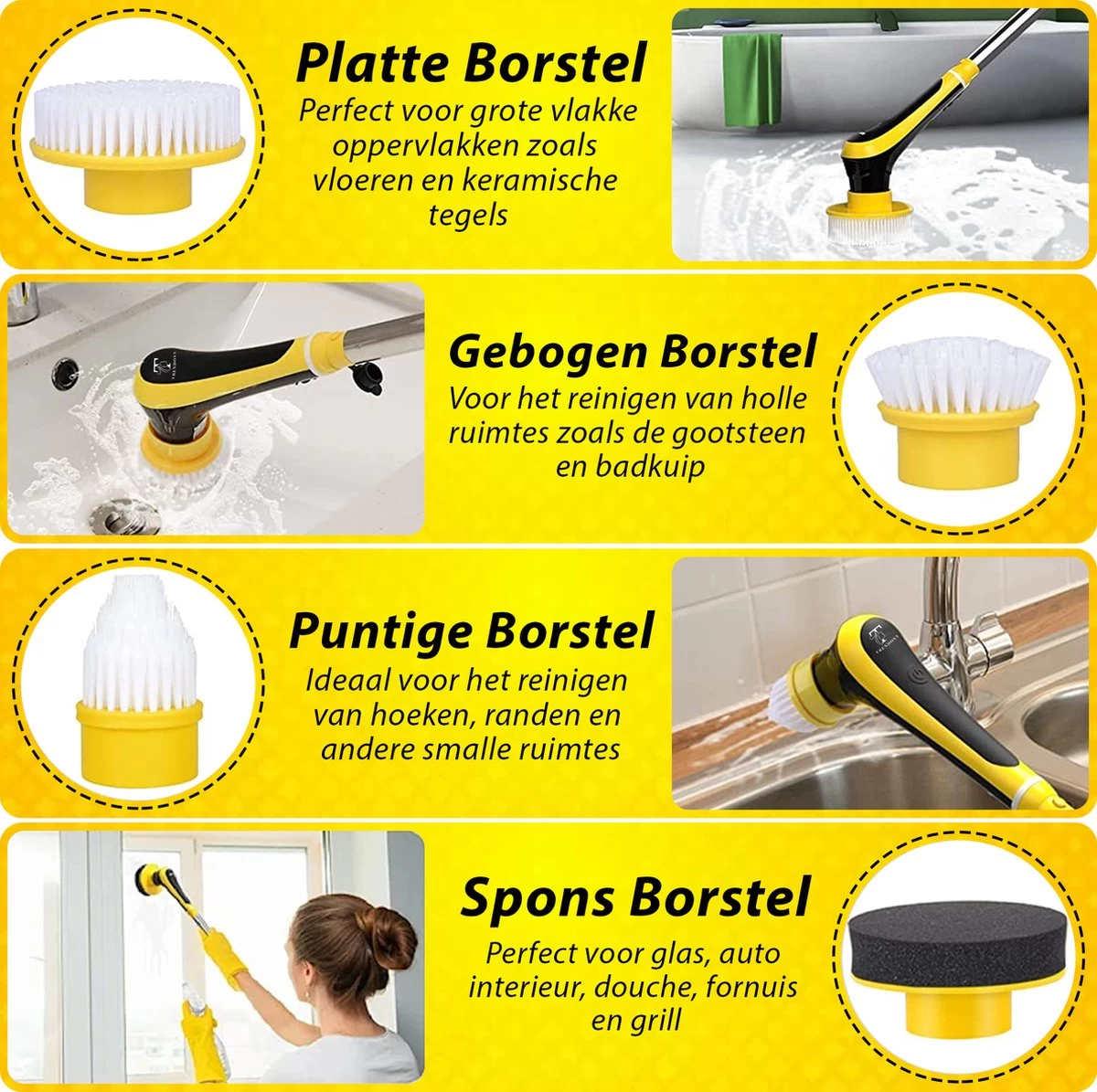 Trendosa Elektrische Schoonmaakborstel - Elektrische Schrobborstel - Poetsmachine - Handborstel - Scrubber- De Badkamer/Keuken/Auto- 10 Opzetstukken Geel 8 Trendosa Elektrische Schoonmaakborstel - Elektrische Schrobborstel - Poetsmachine - Handborstel - Scrubber- De Badkamer/Keuken/Auto- 10 Opzetstukken Geel - Afbeelding 6
