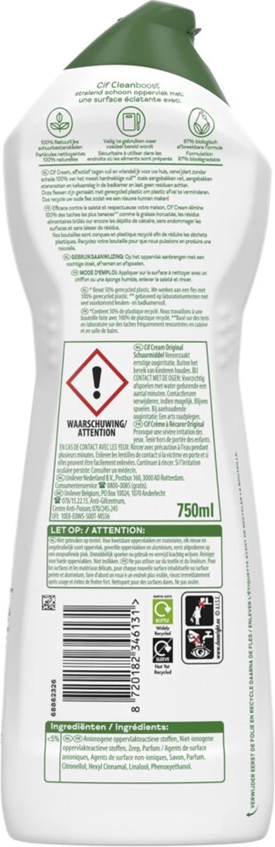 Cif CleanBoost Cream Original Schuurmiddel - 8 X 750 Ml - Voordeelverpakking 5 Cif CleanBoost Cream Original Schuurmiddel - 8 X 750 Ml - Voordeelverpakking - Afbeelding 3